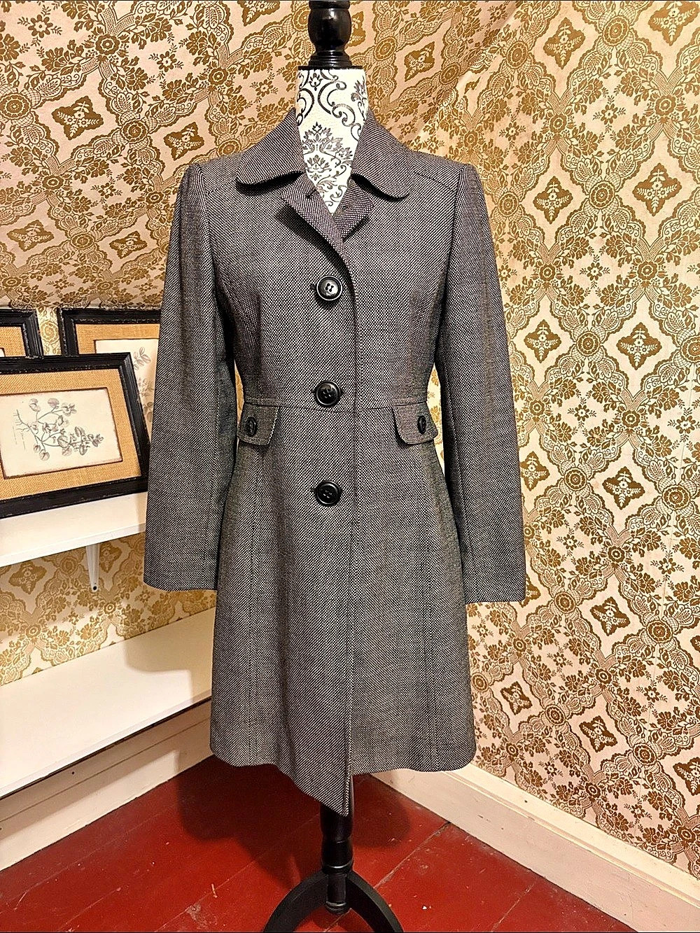 Tahari Arthur S Levine 100% Wool Tailored Long Coat Black Grey Size 8